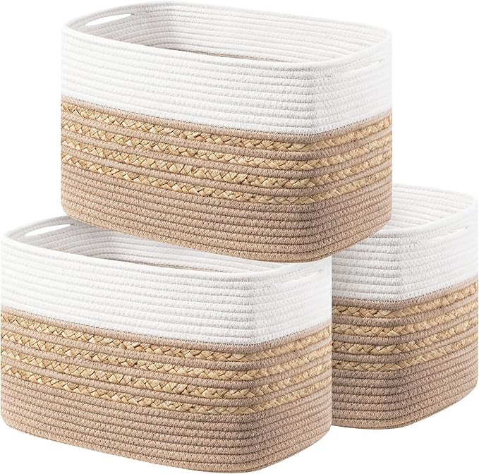 3er-Set Aufbewahrungskörbe aus Baumwollseil – Geflochtene Organizer mit Griffen für Spielzeug & Handtücher, Braun (35,6×20,3×22,9 cm)